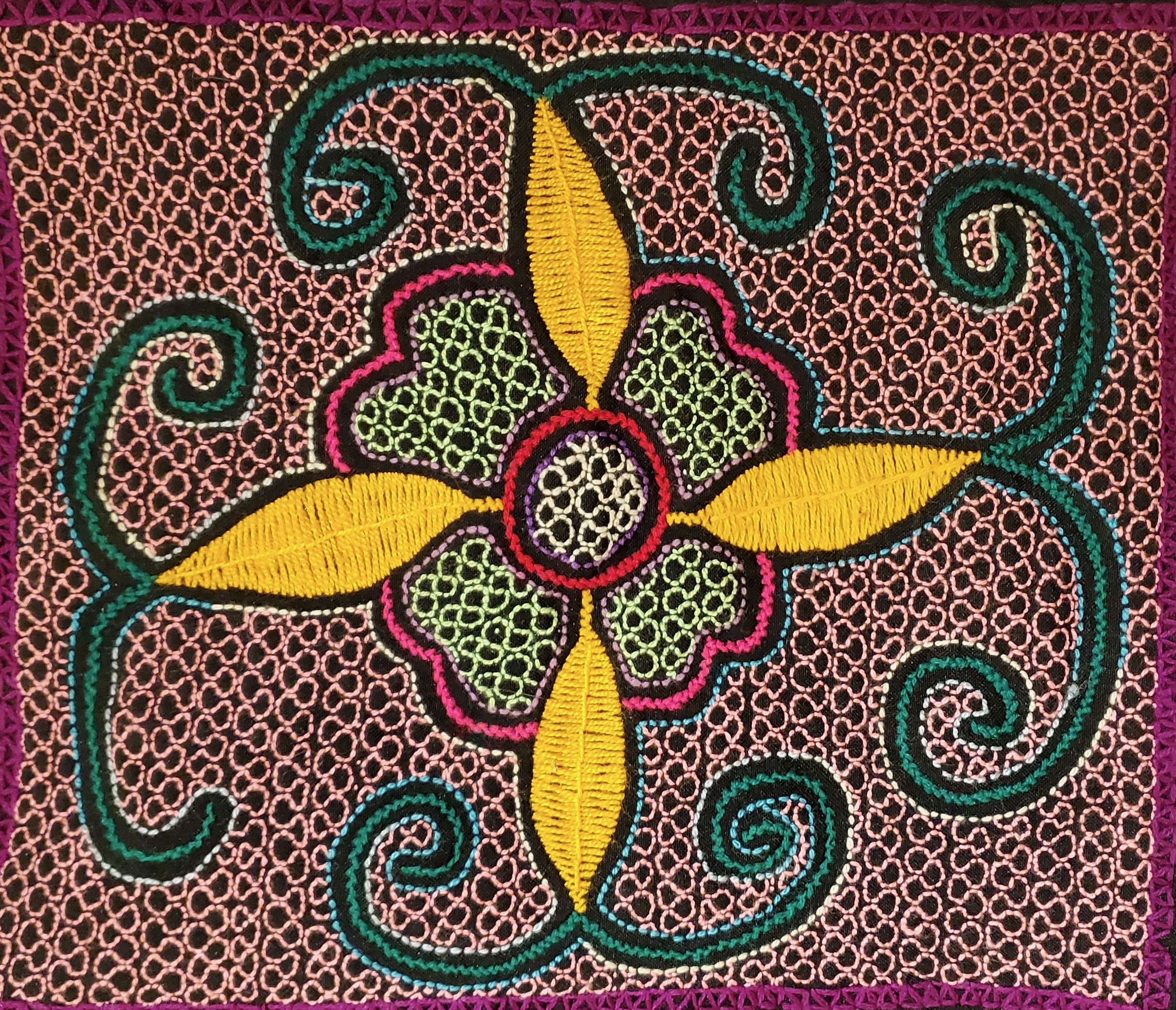 A photograph of a textile crafted by ayahuasca practitioner Miguel Muñoz of Llamancha, Perú.